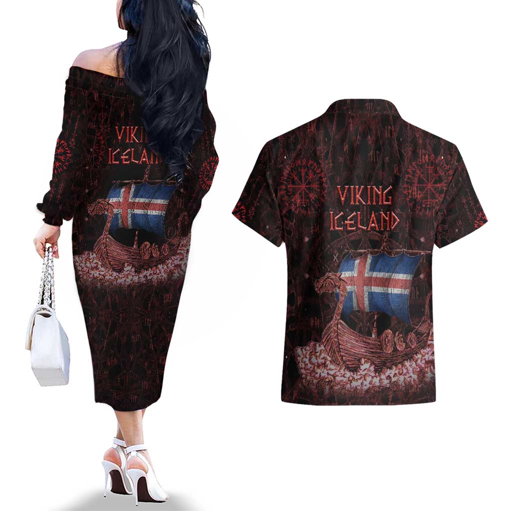 Iceland Vikings Couples Matching Off The Shoulder Long Sleeve Dress and Hawaiian Shirt Norse Runes with Raven and Longship Design Featuring National Flag