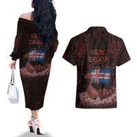 Iceland Vikings Couples Matching Off The Shoulder Long Sleeve Dress and Hawaiian Shirt Norse Runes with Raven and Longship Design Featuring National Flag