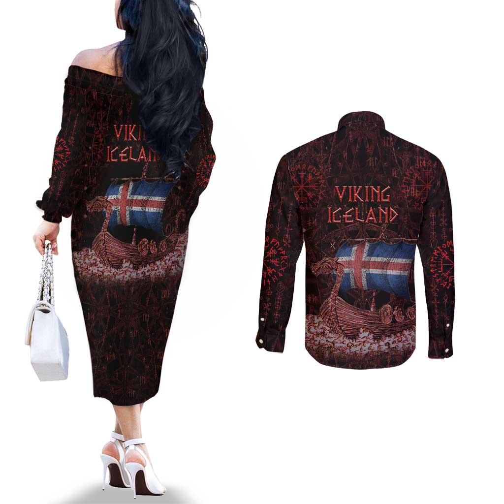 Iceland Vikings Couples Matching Off The Shoulder Long Sleeve Dress and Long Sleeve Button Shirt Norse Runes with Raven and Longship Design Featuring National Flag