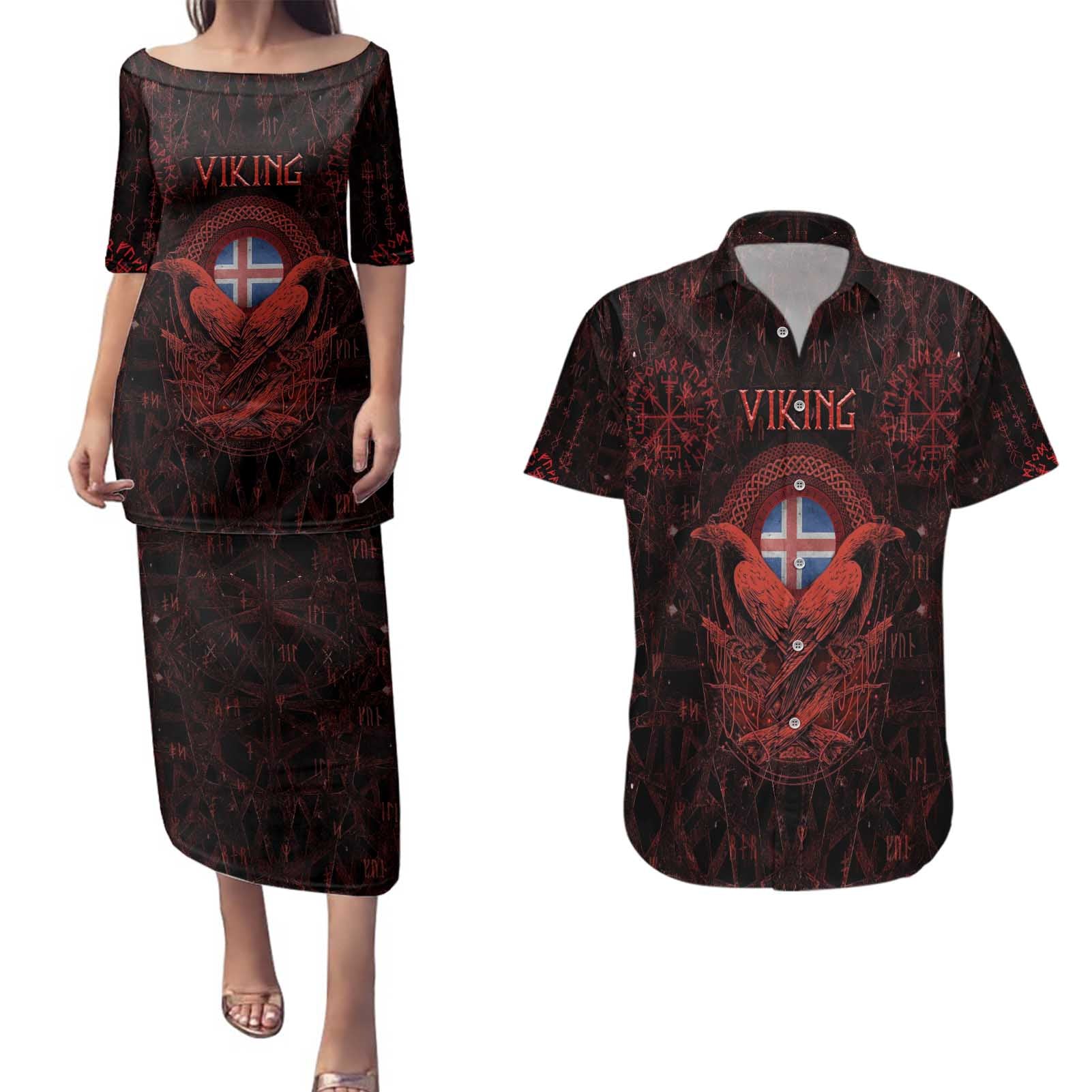 Iceland Vikings Couples Matching Puletasi and Hawaiian Shirt Norse Runes with Raven and Longship Design Featuring National Flag
