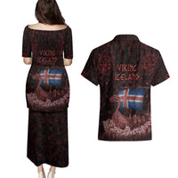 Iceland Vikings Couples Matching Puletasi and Hawaiian Shirt Norse Runes with Raven and Longship Design Featuring National Flag