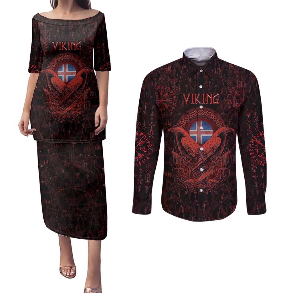 Iceland Vikings Couples Matching Puletasi and Long Sleeve Button Shirt Norse Runes with Raven and Longship Design Featuring National Flag