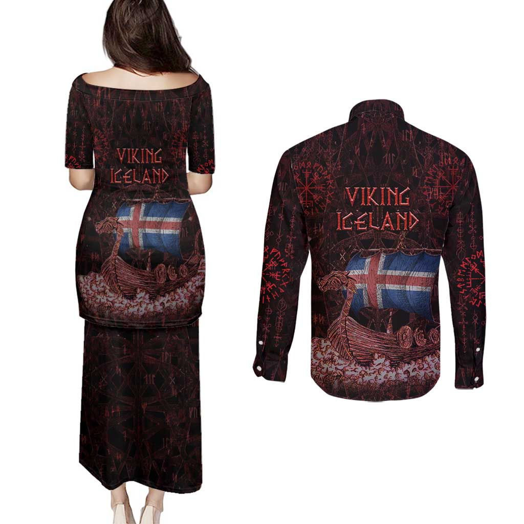 Iceland Vikings Couples Matching Puletasi and Long Sleeve Button Shirt Norse Runes with Raven and Longship Design Featuring National Flag