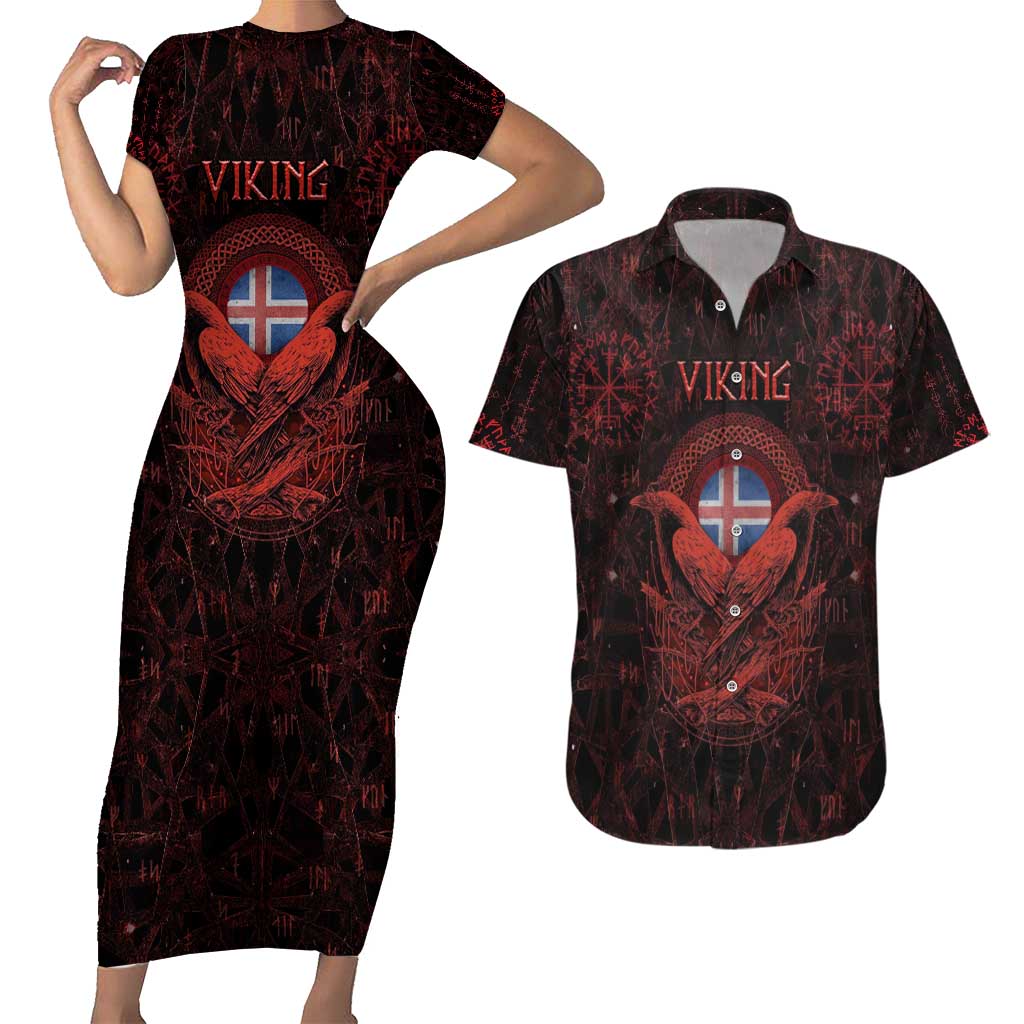 Iceland Vikings Couples Matching Short Sleeve Bodycon Dress and Hawaiian Shirt Norse Runes with Raven and Longship Design Featuring National Flag