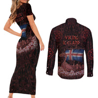 Iceland Vikings Couples Matching Short Sleeve Bodycon Dress and Long Sleeve Button Shirt Norse Runes with Raven and Longship Design Featuring National Flag