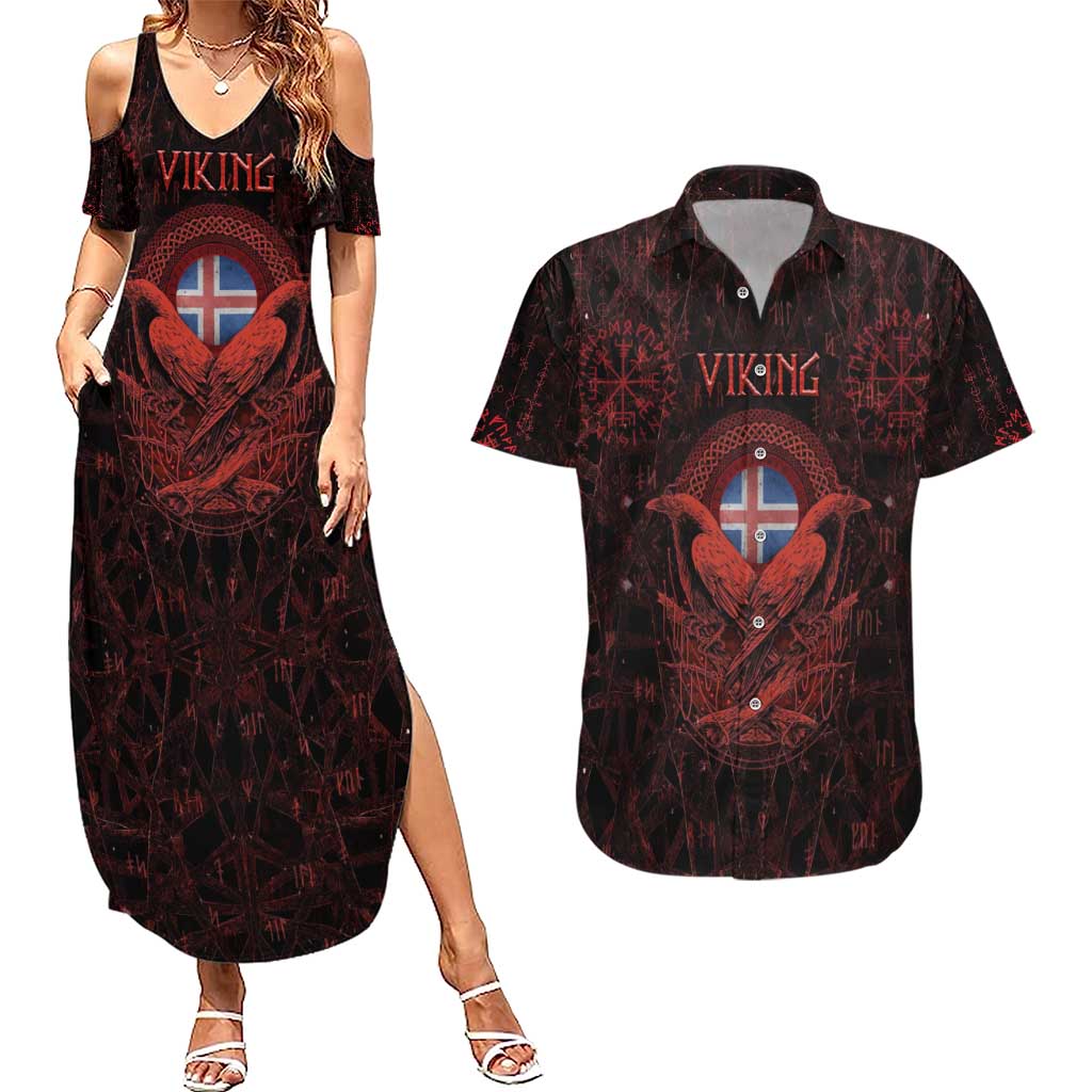 Iceland Vikings Couples Matching Summer Maxi Dress and Hawaiian Shirt Norse Runes with Raven and Longship Design Featuring National Flag