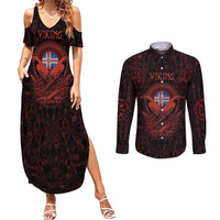 Iceland Vikings Couples Matching Summer Maxi Dress and Long Sleeve Button Shirt Norse Runes with Raven and Longship Design Featuring National Flag