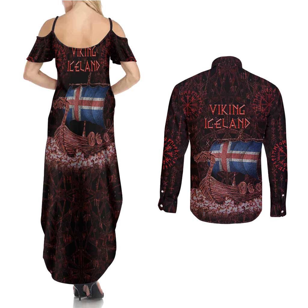 Iceland Vikings Couples Matching Summer Maxi Dress and Long Sleeve Button Shirt Norse Runes with Raven and Longship Design Featuring National Flag
