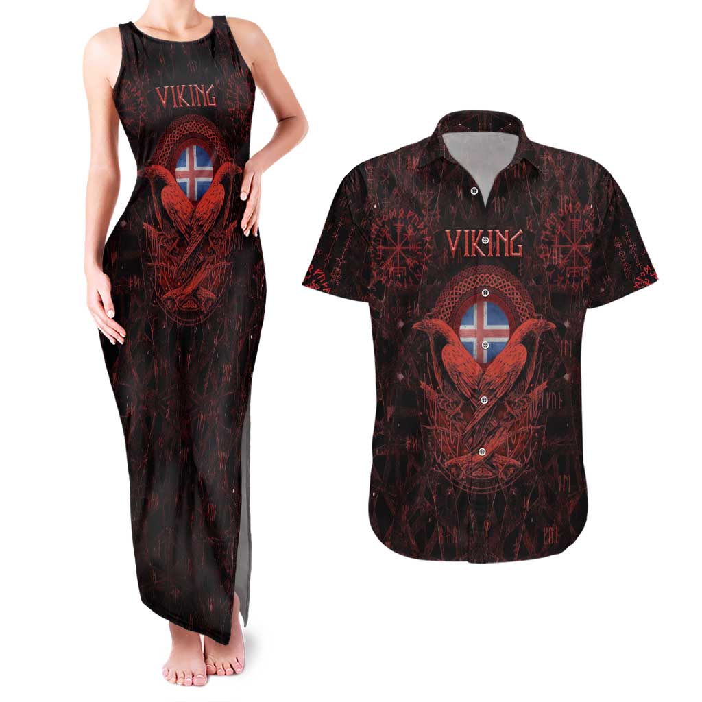 Iceland Vikings Couples Matching Tank Maxi Dress and Hawaiian Shirt Norse Runes with Raven and Longship Design Featuring National Flag