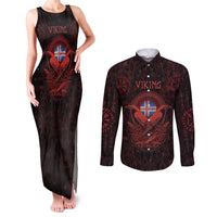 Iceland Vikings Couples Matching Tank Maxi Dress and Long Sleeve Button Shirt Norse Runes with Raven and Longship Design Featuring National Flag