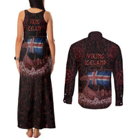 Iceland Vikings Couples Matching Tank Maxi Dress and Long Sleeve Button Shirt Norse Runes with Raven and Longship Design Featuring National Flag