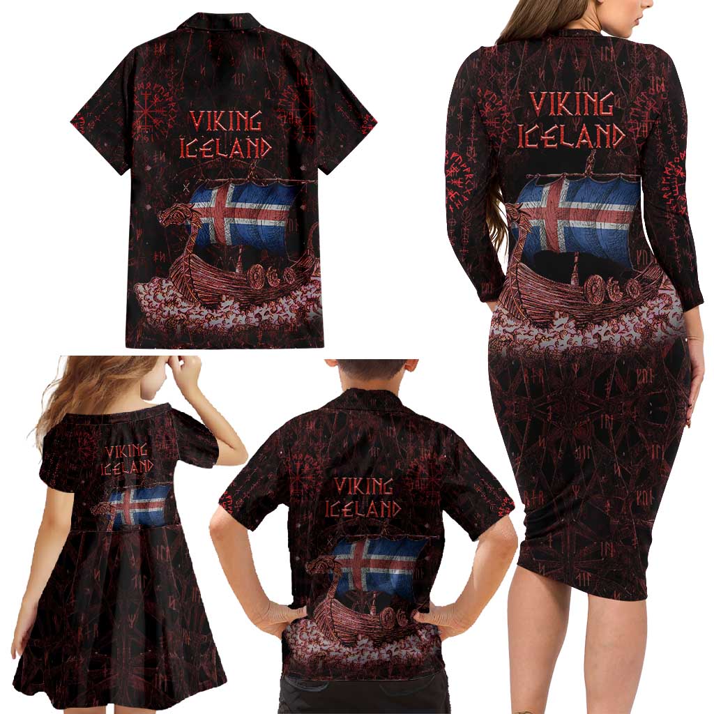 Iceland Vikings Family Matching Long Sleeve Bodycon Dress and Hawaiian Shirt Norse Runes with Raven and Longship Design Featuring National Flag