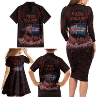 Iceland Vikings Family Matching Long Sleeve Bodycon Dress and Hawaiian Shirt Norse Runes with Raven and Longship Design Featuring National Flag