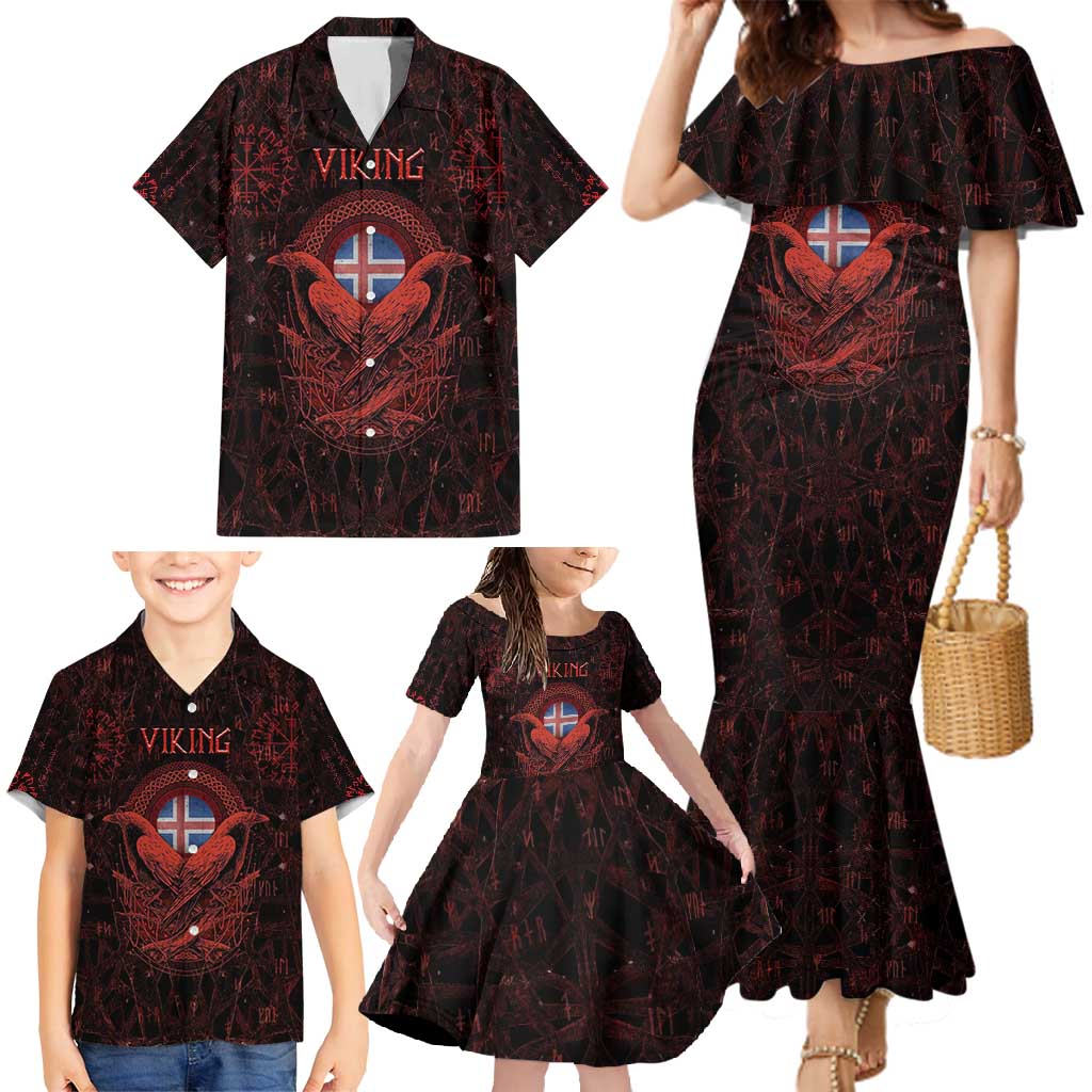 Iceland Vikings Family Matching Mermaid Dress and Hawaiian Shirt Norse Runes with Raven and Longship Design Featuring National Flag