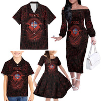 Iceland Vikings Family Matching Off The Shoulder Long Sleeve Dress and Hawaiian Shirt Norse Runes with Raven and Longship Design Featuring National Flag