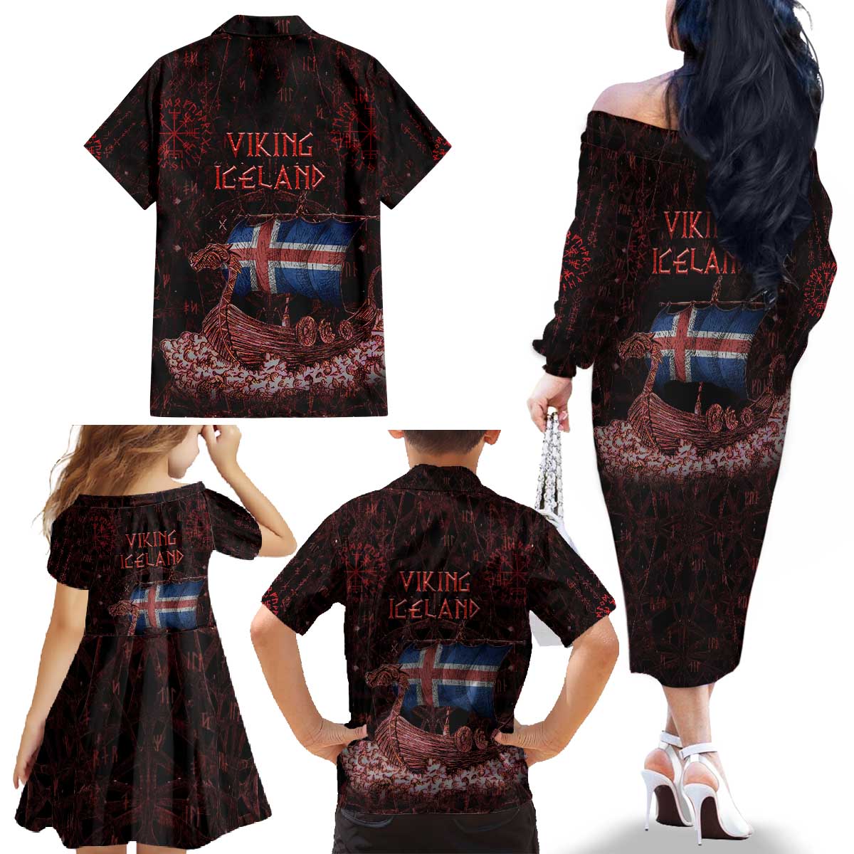 Iceland Vikings Family Matching Off The Shoulder Long Sleeve Dress and Hawaiian Shirt Norse Runes with Raven and Longship Design Featuring National Flag