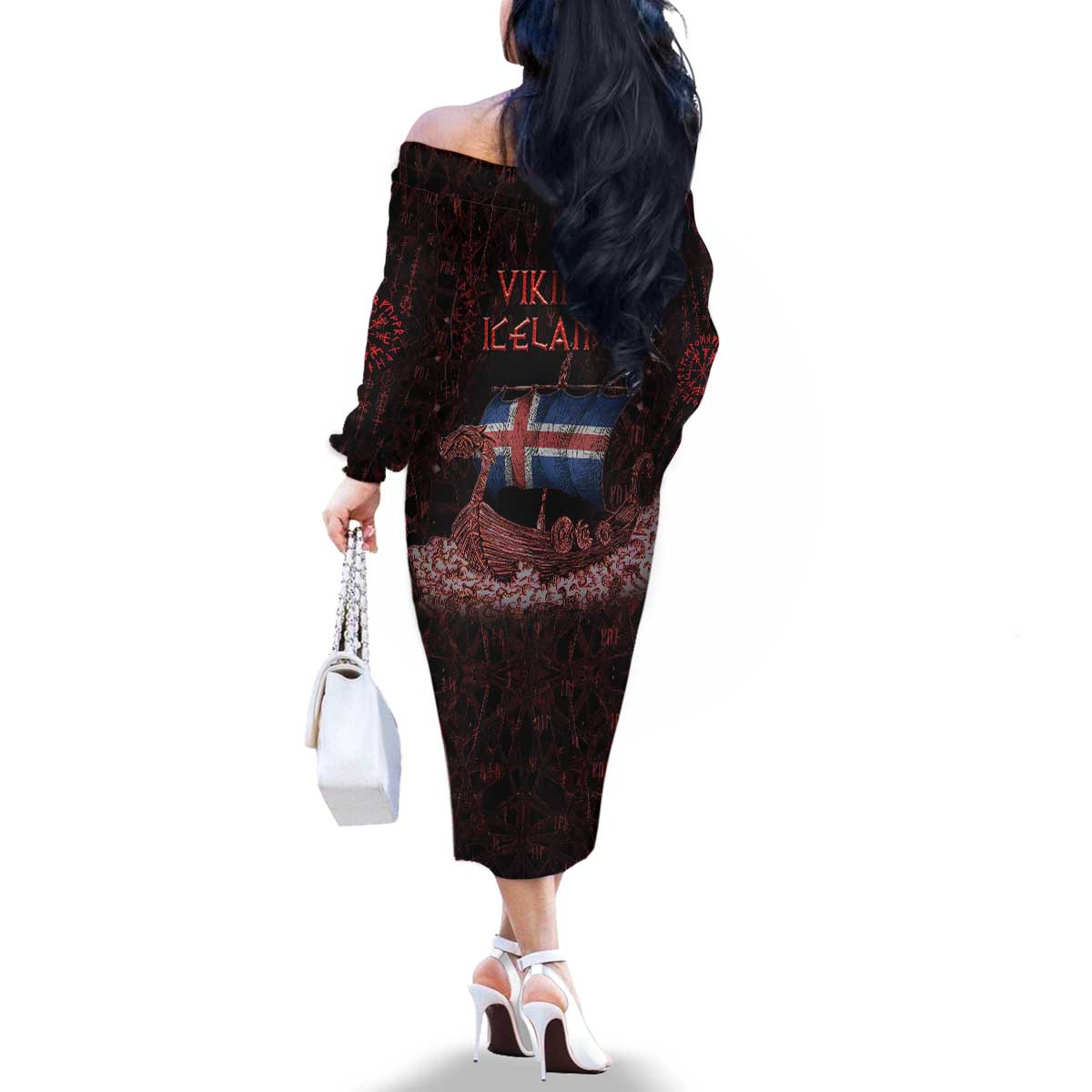 Iceland Vikings Family Matching Off The Shoulder Long Sleeve Dress and Hawaiian Shirt Norse Runes with Raven and Longship Design Featuring National Flag