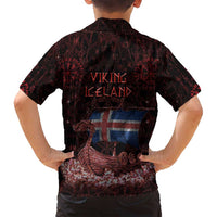 Iceland Vikings Family Matching Off Shoulder Maxi Dress and Hawaiian Shirt Norse Runes with Raven and Longship Design Featuring National Flag