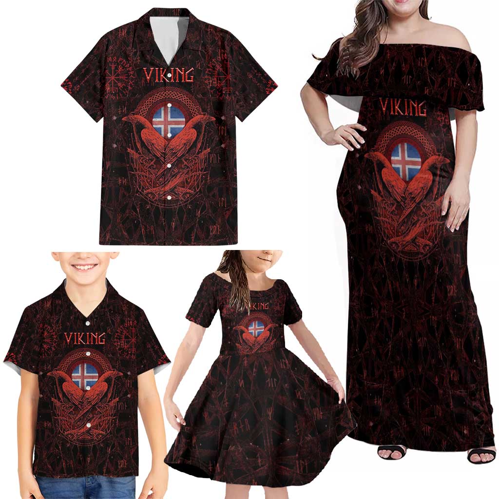 Iceland Vikings Family Matching Off Shoulder Maxi Dress and Hawaiian Shirt Norse Runes with Raven and Longship Design Featuring National Flag