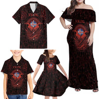 Iceland Vikings Family Matching Off Shoulder Maxi Dress and Hawaiian Shirt Norse Runes with Raven and Longship Design Featuring National Flag