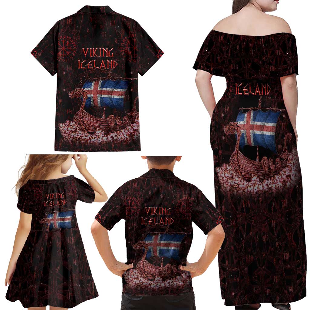 Iceland Vikings Family Matching Off Shoulder Maxi Dress and Hawaiian Shirt Norse Runes with Raven and Longship Design Featuring National Flag