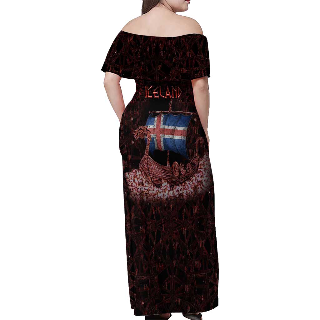 Iceland Vikings Family Matching Off Shoulder Maxi Dress and Hawaiian Shirt Norse Runes with Raven and Longship Design Featuring National Flag