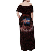 Iceland Vikings Family Matching Off Shoulder Maxi Dress and Hawaiian Shirt Norse Runes with Raven and Longship Design Featuring National Flag
