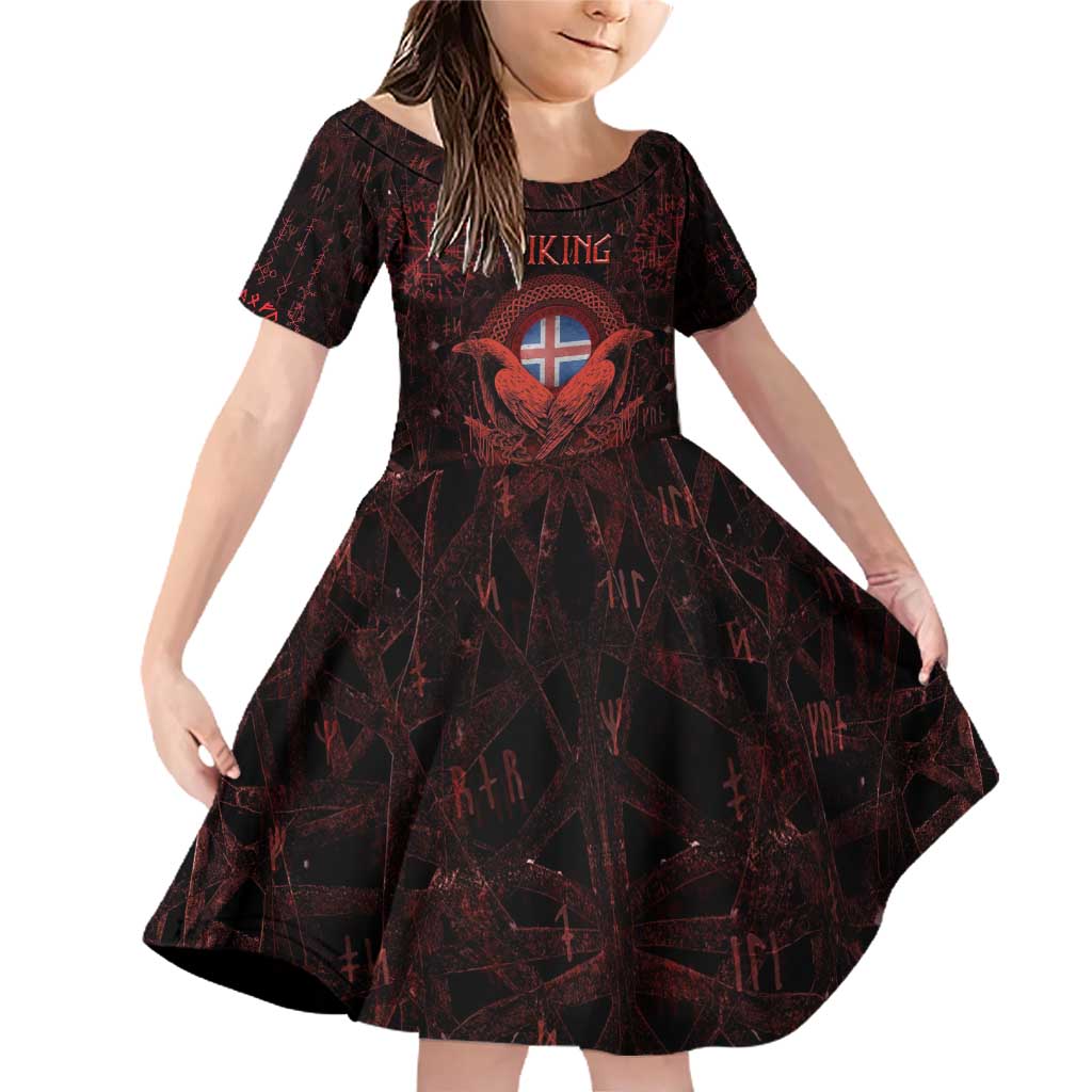 Iceland Vikings Family Matching Off Shoulder Short Dress and Hawaiian Shirt Norse Runes with Raven and Longship Design Featuring National Flag