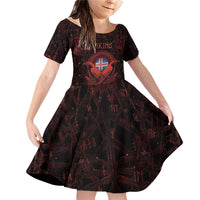 Iceland Vikings Family Matching Off Shoulder Short Dress and Hawaiian Shirt Norse Runes with Raven and Longship Design Featuring National Flag