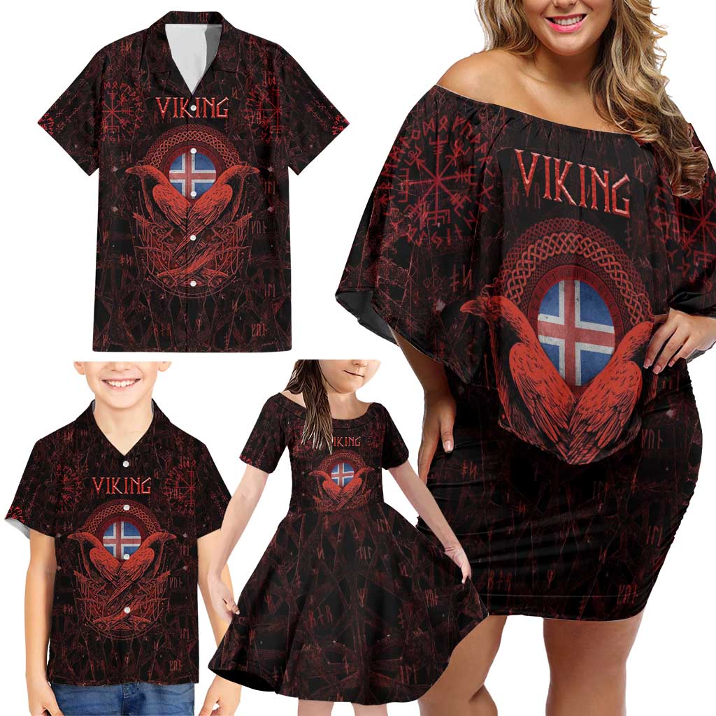 Iceland Vikings Family Matching Off Shoulder Short Dress and Hawaiian Shirt Norse Runes with Raven and Longship Design Featuring National Flag