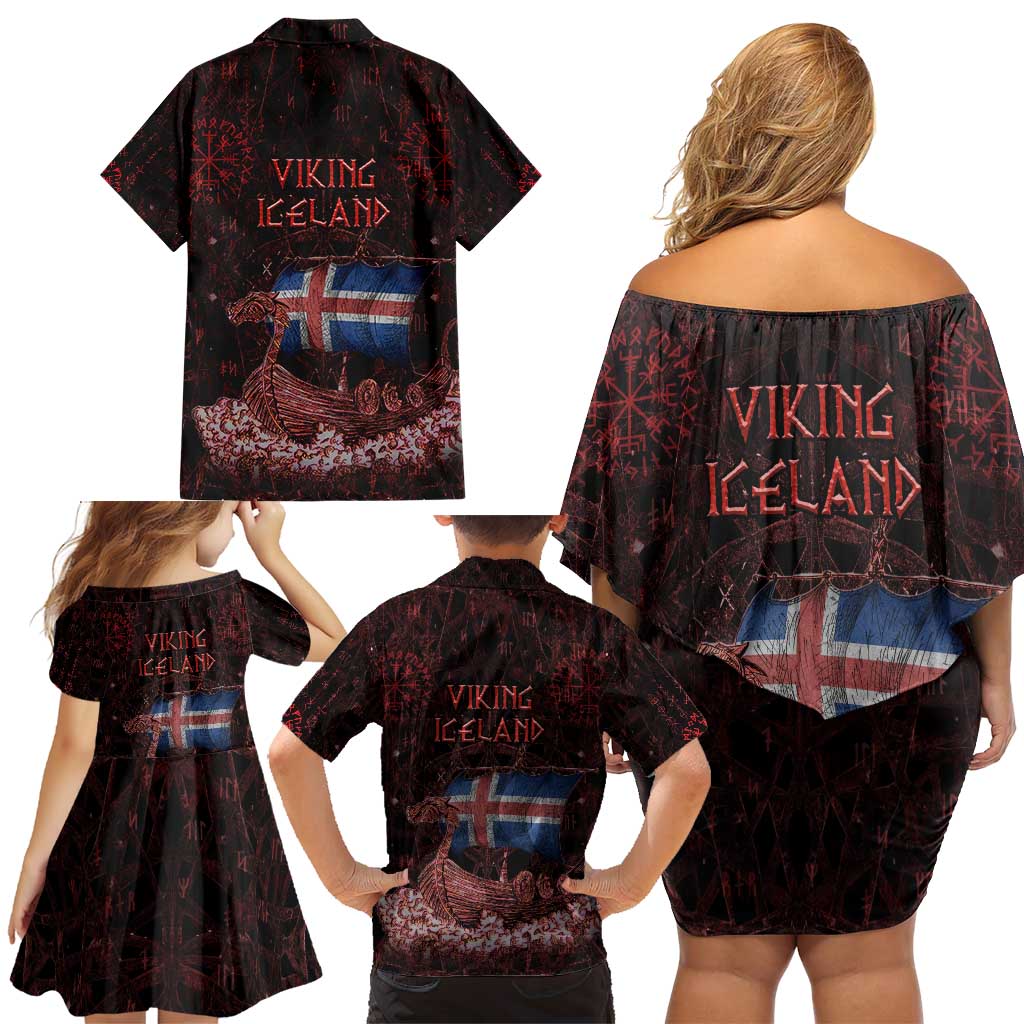 Iceland Vikings Family Matching Off Shoulder Short Dress and Hawaiian Shirt Norse Runes with Raven and Longship Design Featuring National Flag