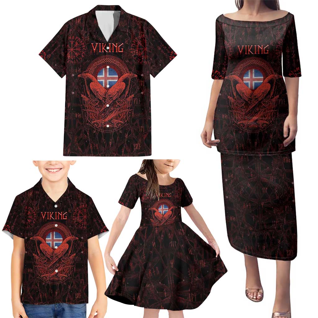 Iceland Vikings Family Matching Puletasi and Hawaiian Shirt Norse Runes with Raven and Longship Design Featuring National Flag