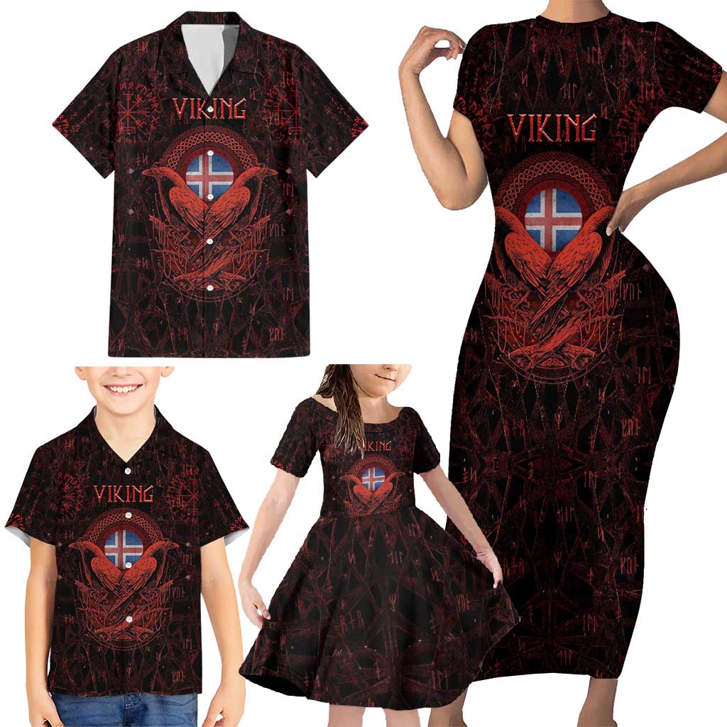 Iceland Vikings Family Matching Short Sleeve Bodycon Dress and Hawaiian Shirt Norse Runes with Raven and Longship Design Featuring National Flag
