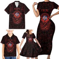 Iceland Vikings Family Matching Short Sleeve Bodycon Dress and Hawaiian Shirt Norse Runes with Raven and Longship Design Featuring National Flag