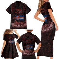 Iceland Vikings Family Matching Short Sleeve Bodycon Dress and Hawaiian Shirt Norse Runes with Raven and Longship Design Featuring National Flag