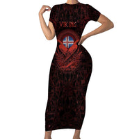 Iceland Vikings Family Matching Short Sleeve Bodycon Dress and Hawaiian Shirt Norse Runes with Raven and Longship Design Featuring National Flag