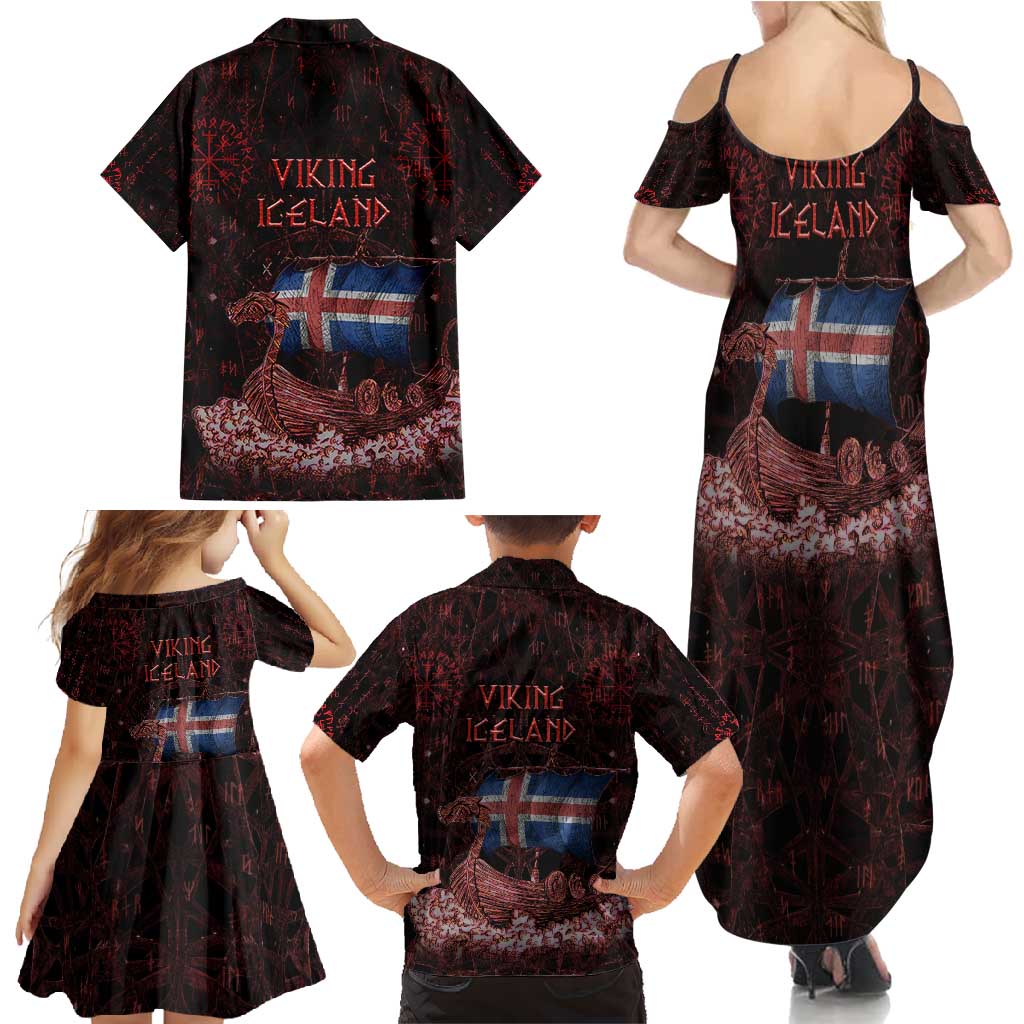Iceland Vikings Family Matching Summer Maxi Dress and Hawaiian Shirt Norse Runes with Raven and Longship Design Featuring National Flag