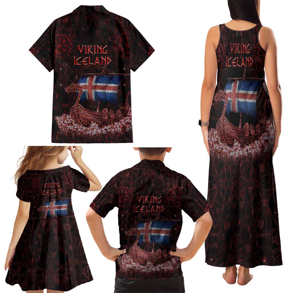Iceland Vikings Family Matching Tank Maxi Dress and Hawaiian Shirt Norse Runes with Raven and Longship Design Featuring National Flag