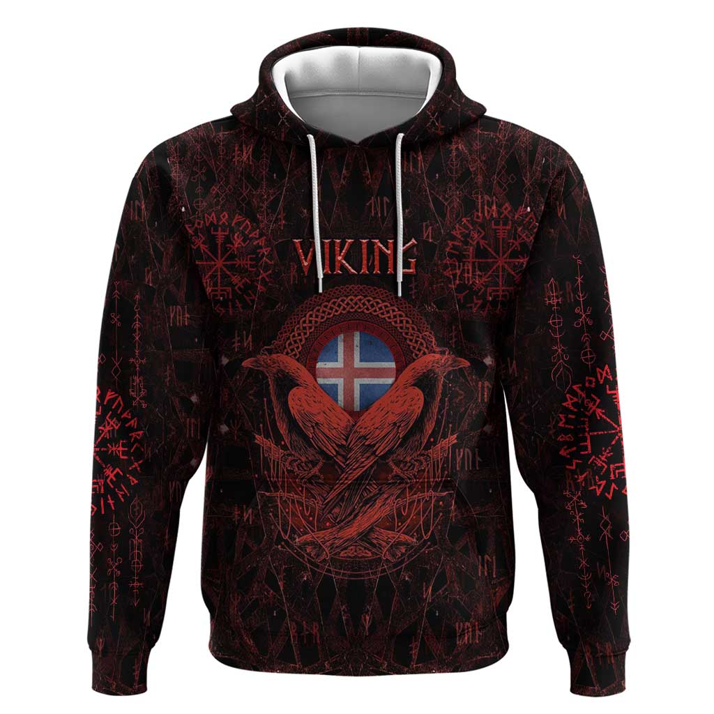 Iceland Vikings Hoodie Norse Runes with Raven and Longship Design Featuring National Flag