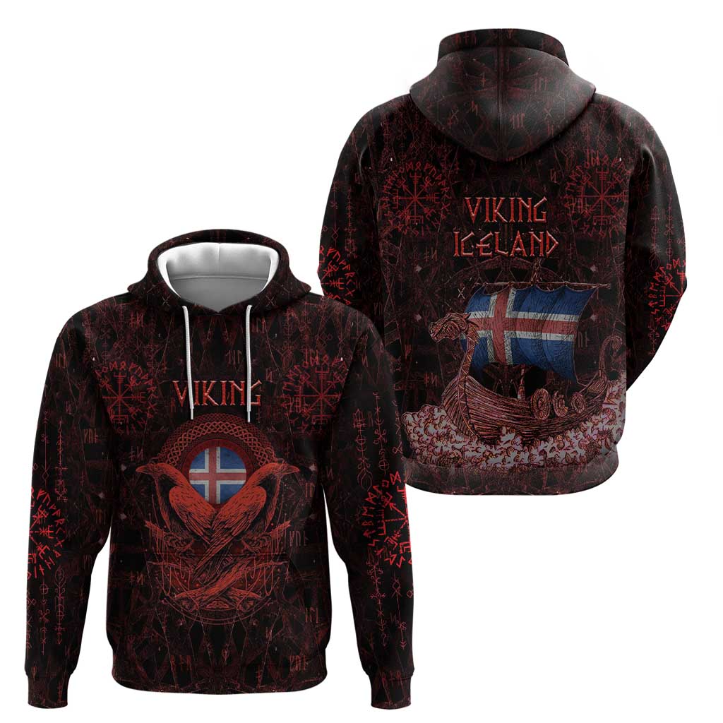 Iceland Vikings Hoodie Norse Runes with Raven and Longship Design Featuring National Flag