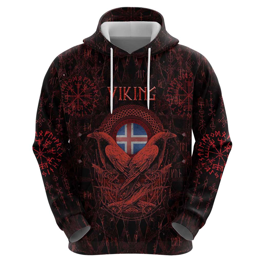 Iceland Vikings Hoodie Norse Runes with Raven and Longship Design Featuring National Flag