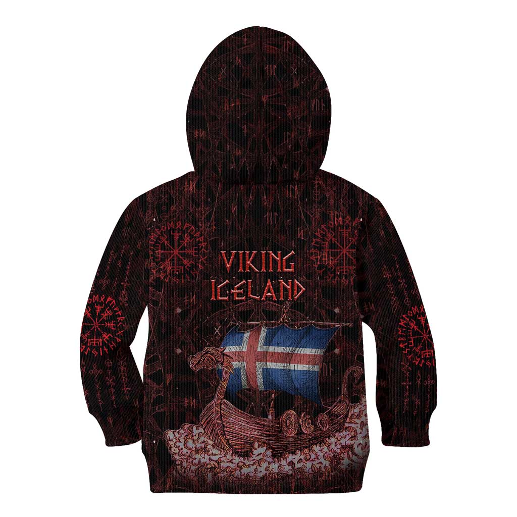 Iceland Vikings Kid Hoodie Norse Runes with Raven and Longship Design Featuring National Flag