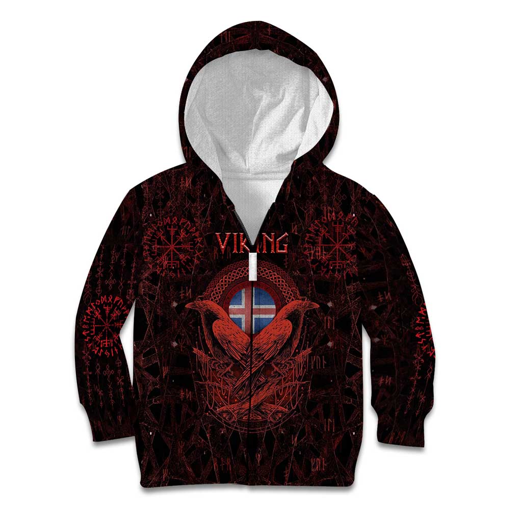 Iceland Vikings Kid Hoodie Norse Runes with Raven and Longship Design Featuring National Flag