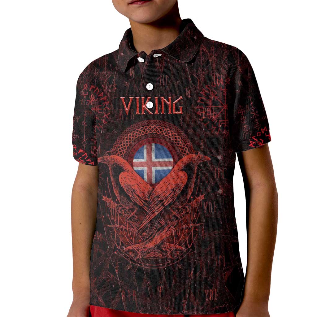 Iceland Vikings Kid Polo Shirt Norse Runes with Raven and Longship Design Featuring National Flag