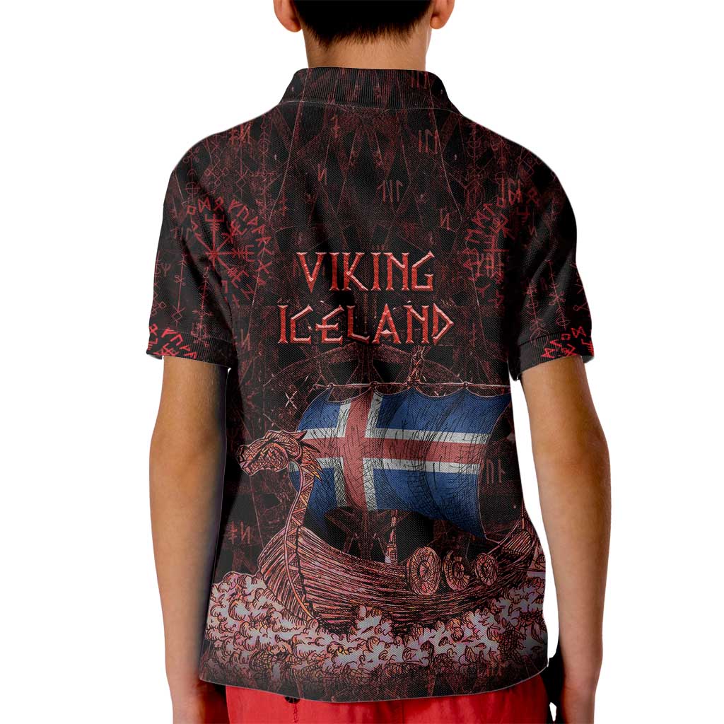 Iceland Vikings Kid Polo Shirt Norse Runes with Raven and Longship Design Featuring National Flag