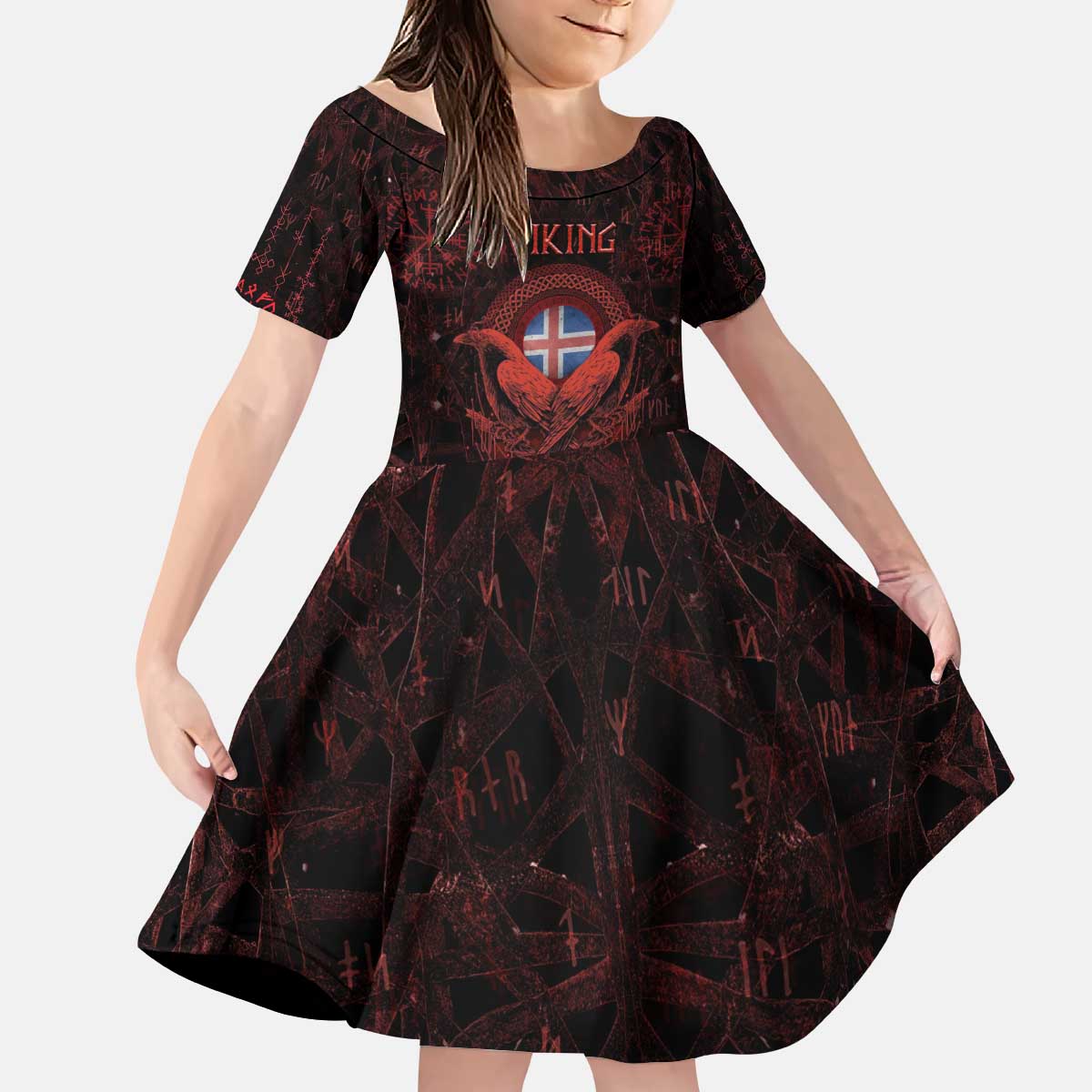 Iceland Vikings Kid Short Sleeve Dress Norse Runes with Raven and Longship Design Featuring National Flag