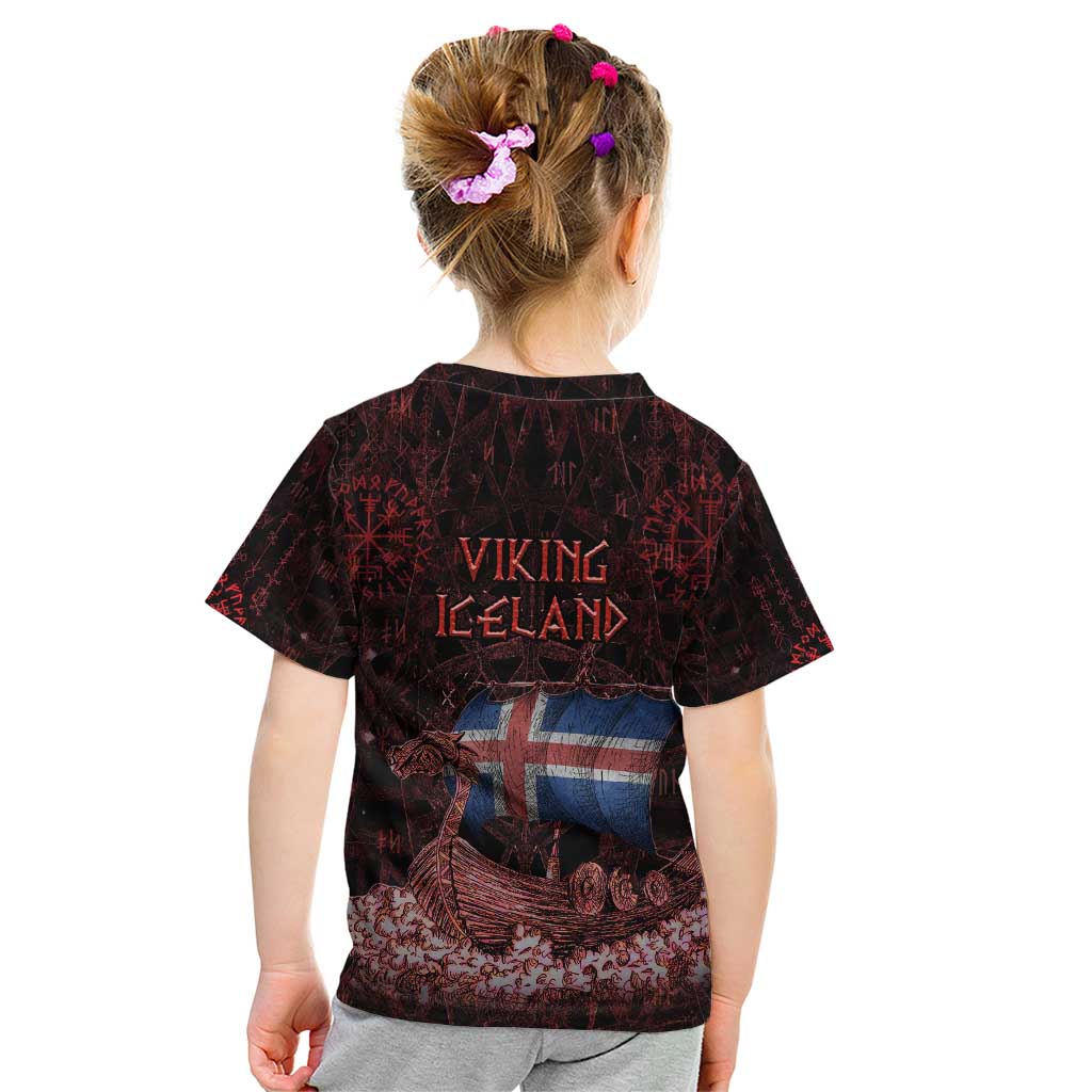 Iceland Vikings Kid T Shirt Norse Runes with Raven and Longship Design Featuring National Flag