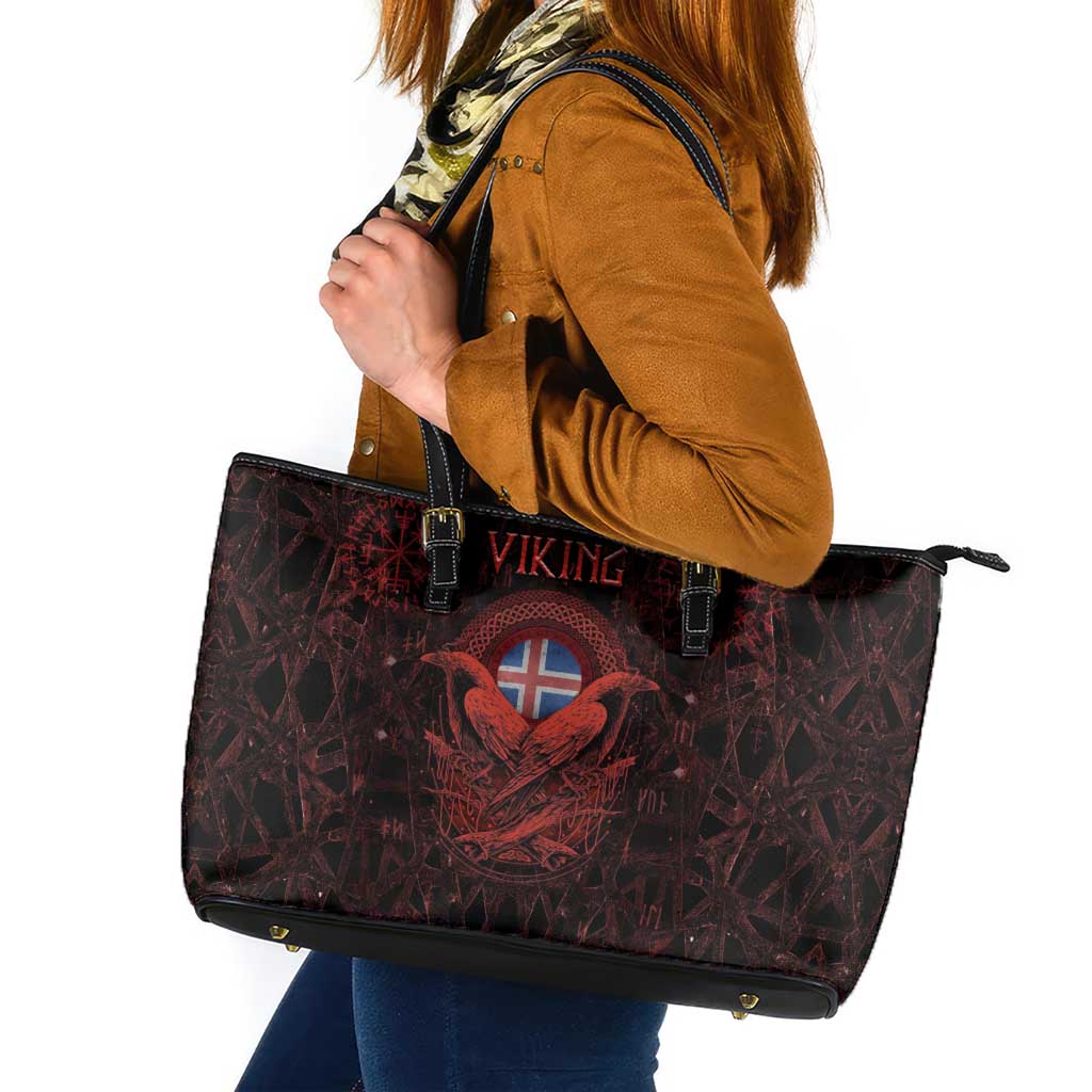 Iceland Vikings Leather Tote Bag Norse Runes with Raven and Longship Design Featuring National Flag