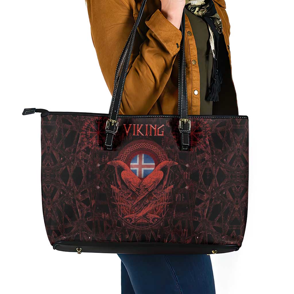 Iceland Vikings Leather Tote Bag Norse Runes with Raven and Longship Design Featuring National Flag