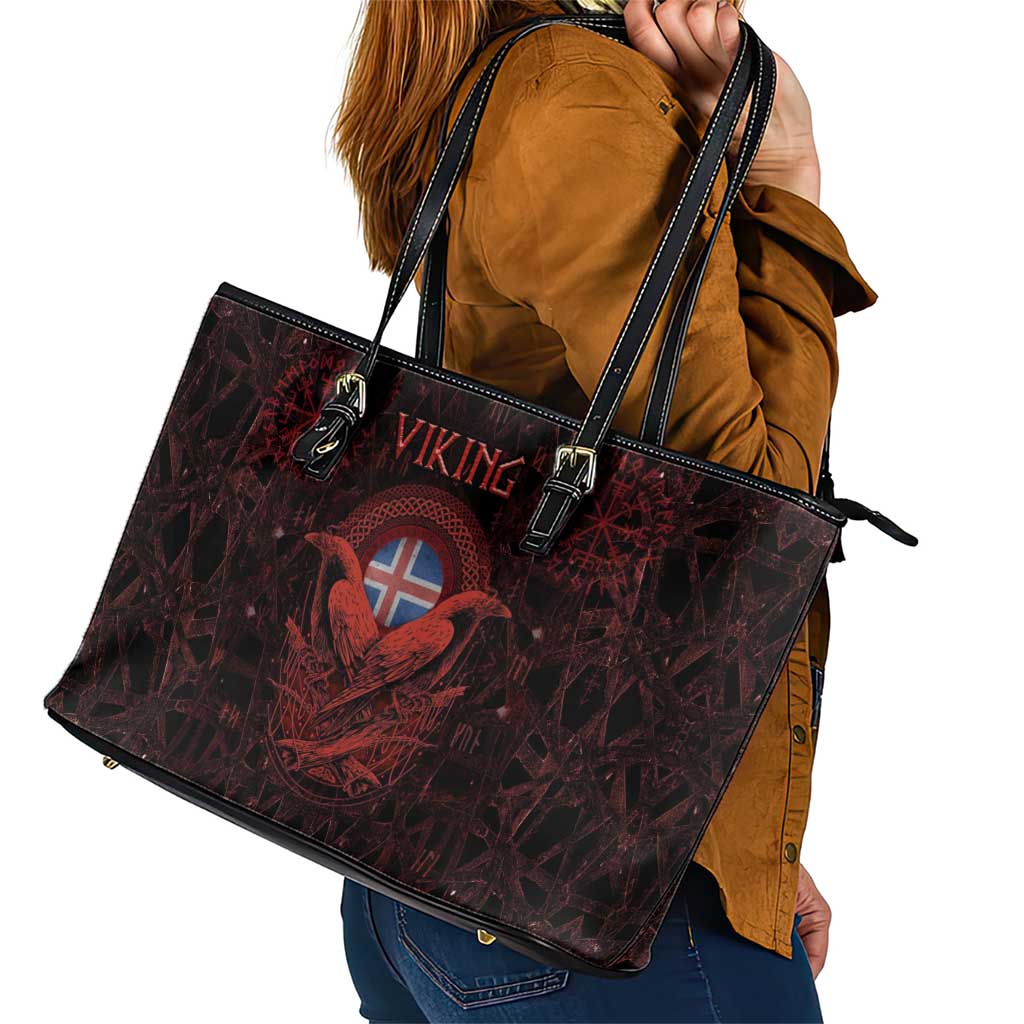 Iceland Vikings Leather Tote Bag Norse Runes with Raven and Longship Design Featuring National Flag